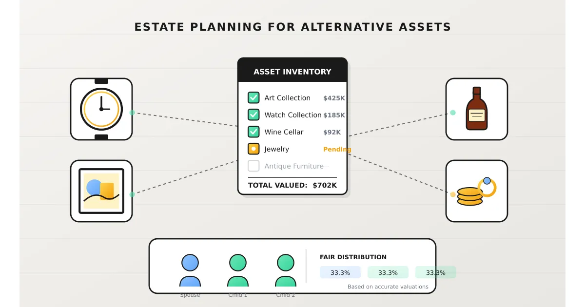 Illustration of family heirlooms and collectibles being catalogued for estate planning
