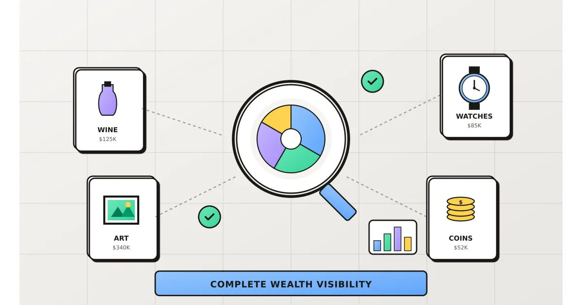 Abstract illustration of diverse assets including art, wine, and collectibles being analyzed